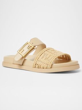 NEW Fendi Feel Cream Leather and Raffia Slide Sandals - Size 36